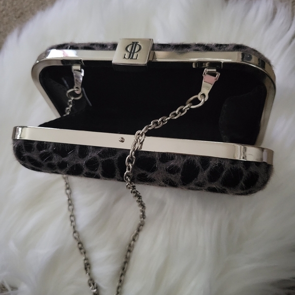 Leopard Velvety Fur Two Tone Clutch & Crossbody Party Bag - Picture 5 of 6